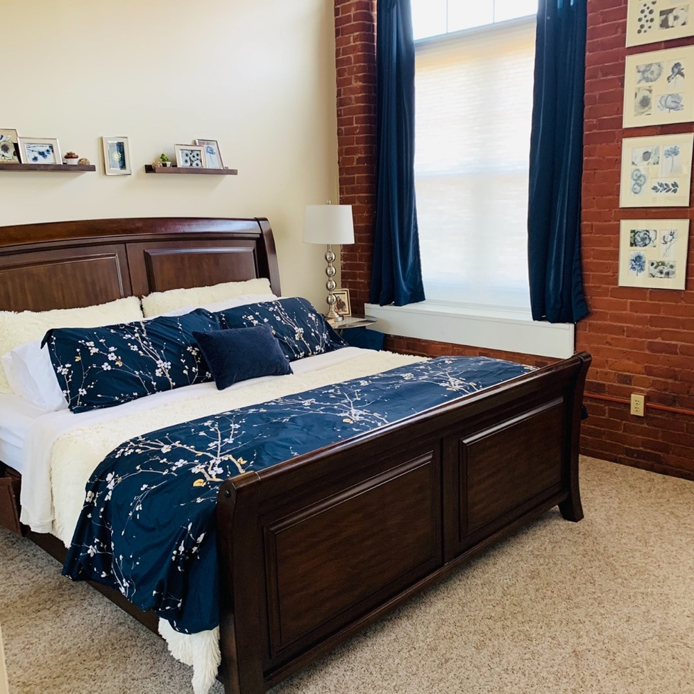 King Navy Blue Floral Plum Blossom Duvet Bedding Set